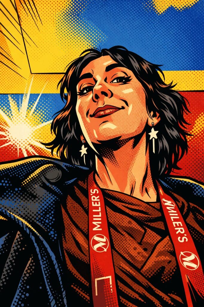 Colorful pop art styled AI generated image of a dark haired woman looking slightly up.