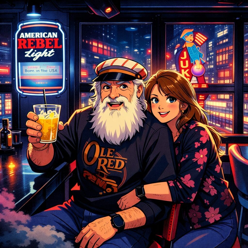 Anime styled photo of a man and woman sitting in a neon lit bar.