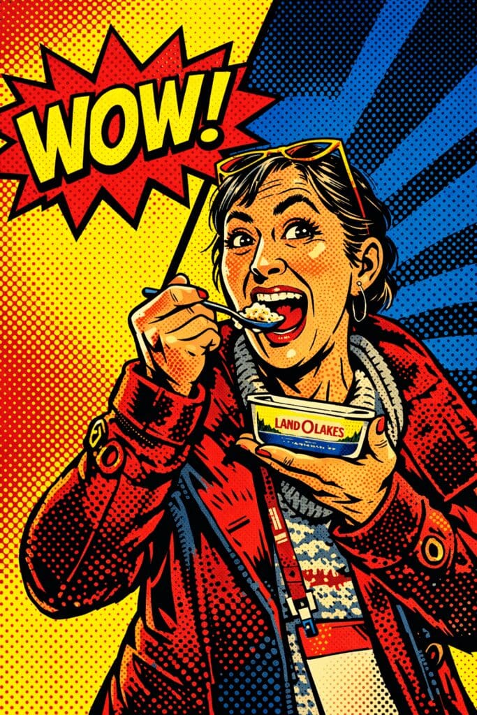 Colorful pop art styled image of a woman eating yogurt out of a butter containter