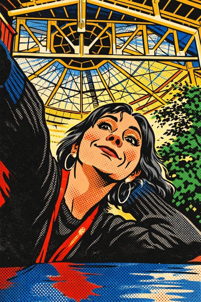 Colorful pop art styled AI generated image of a dark haired woman looking slightly up with a glass ceiling above her.