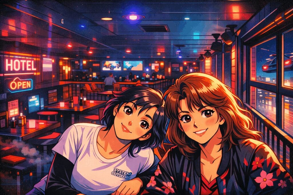 Anime styled photo of a mom and daughter sitting in a neon lit bar.
