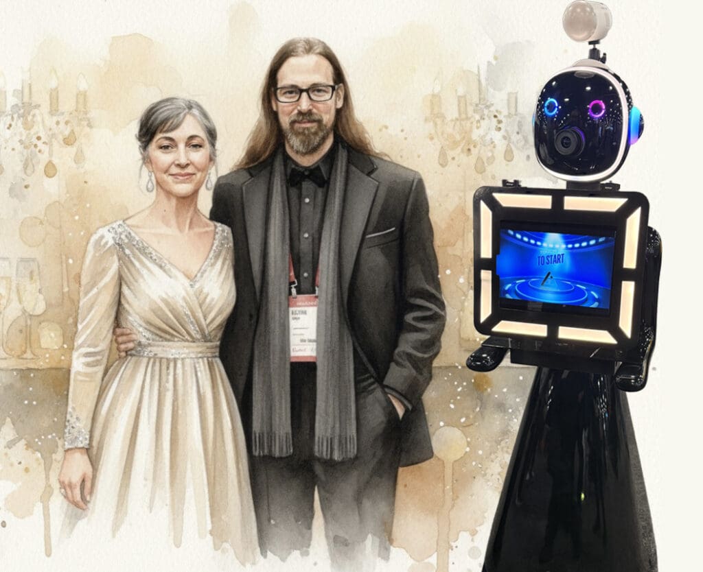 Photo composite of a camera robot with interactive screen and the resulting AI generated image of a man and woman.