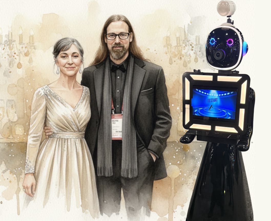 Photo composite of a camera robot with interactive screen and the resulting AI generated image of a man and woman.