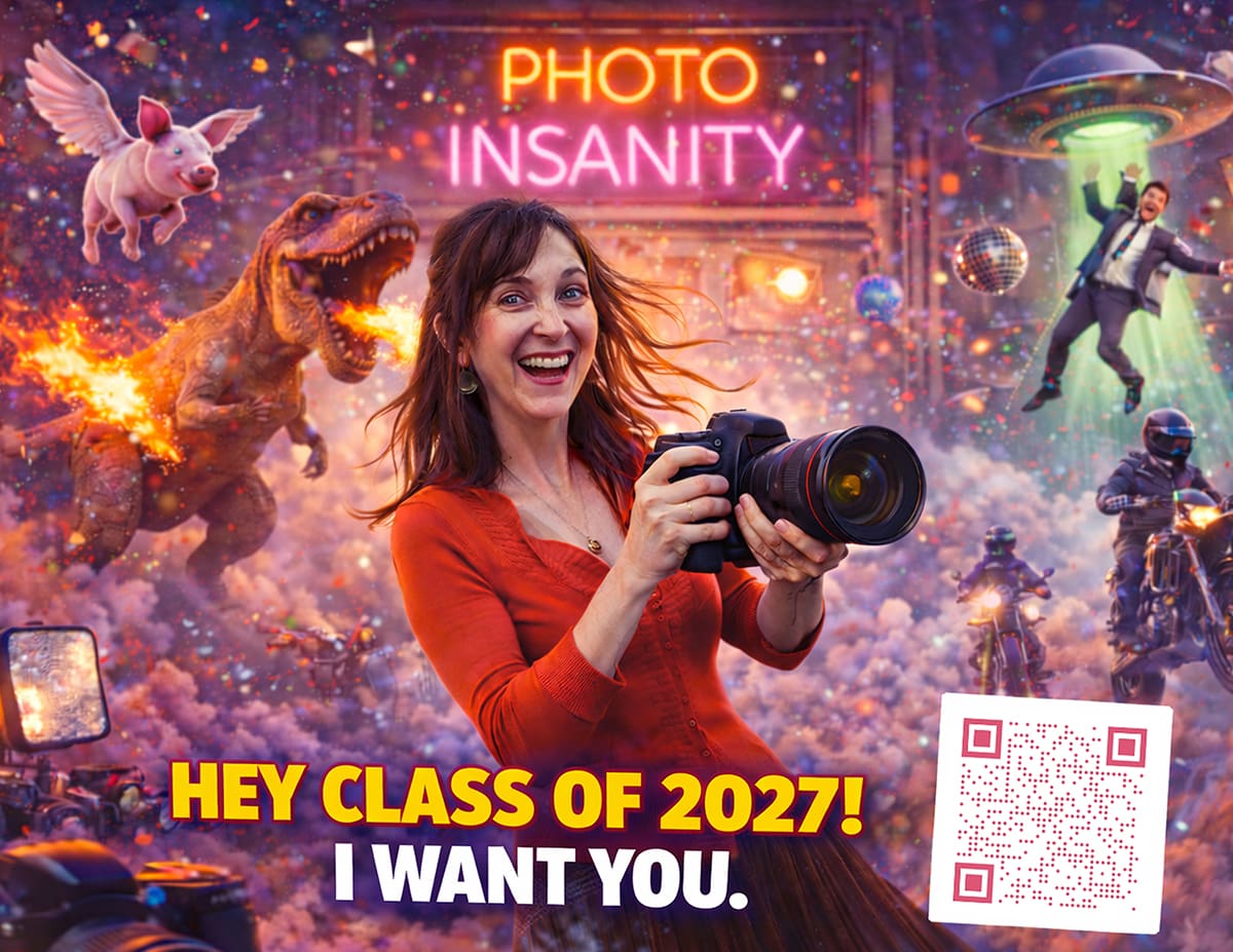 Ad styled photo of a photographer surrounded by colorful chaos like a dinosaur and disco ball requesting the class of 2027.